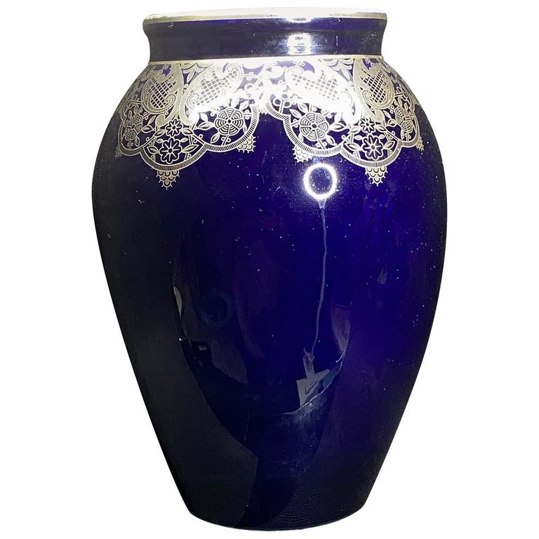 Dark Blue Colored Silver Overlay Vase by Hutschenreuther Hohenberg German,  1930s For Sale at 1stDibs