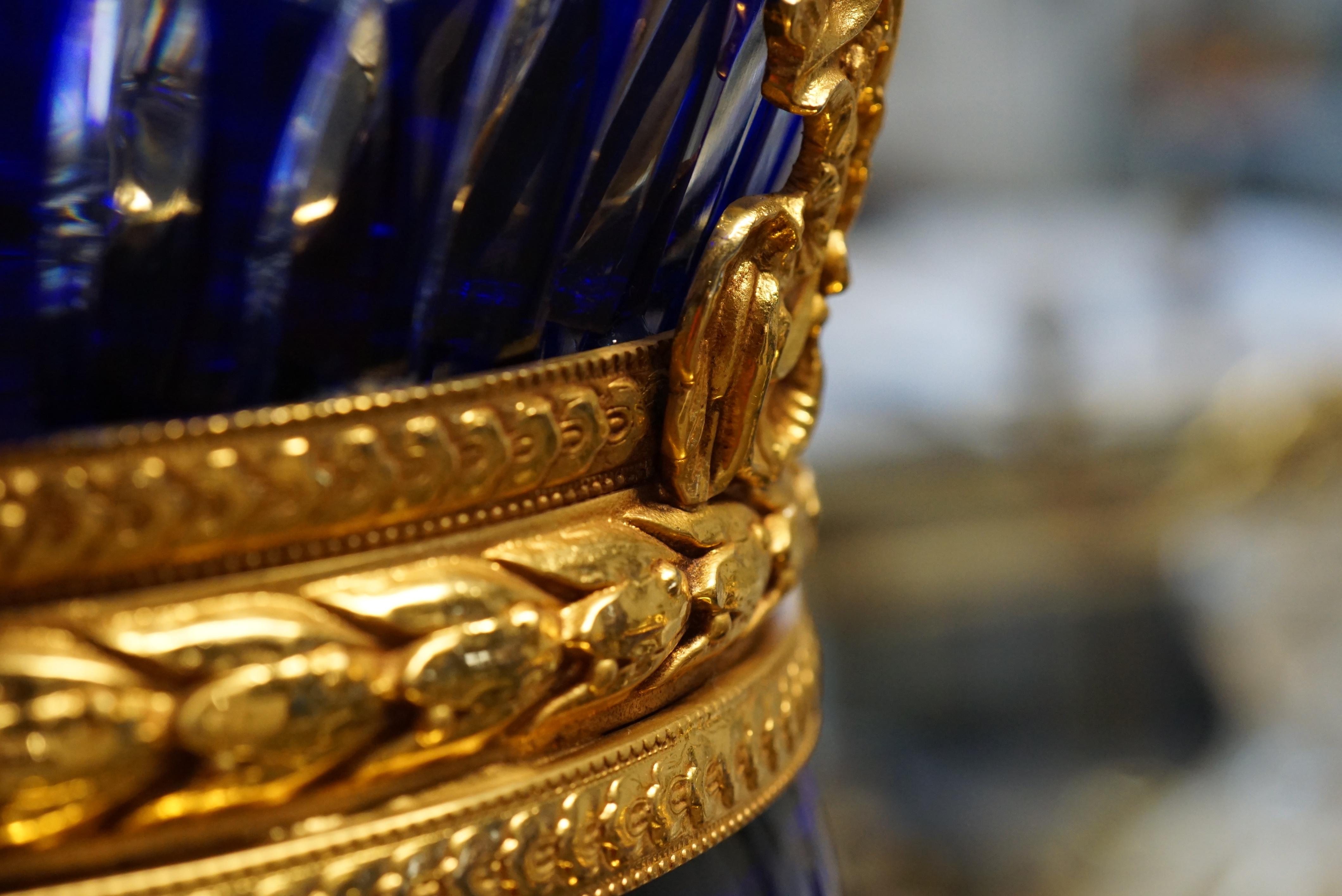 Other Dark Blue Crystal Vase with Covered Gold Bronze For Sale