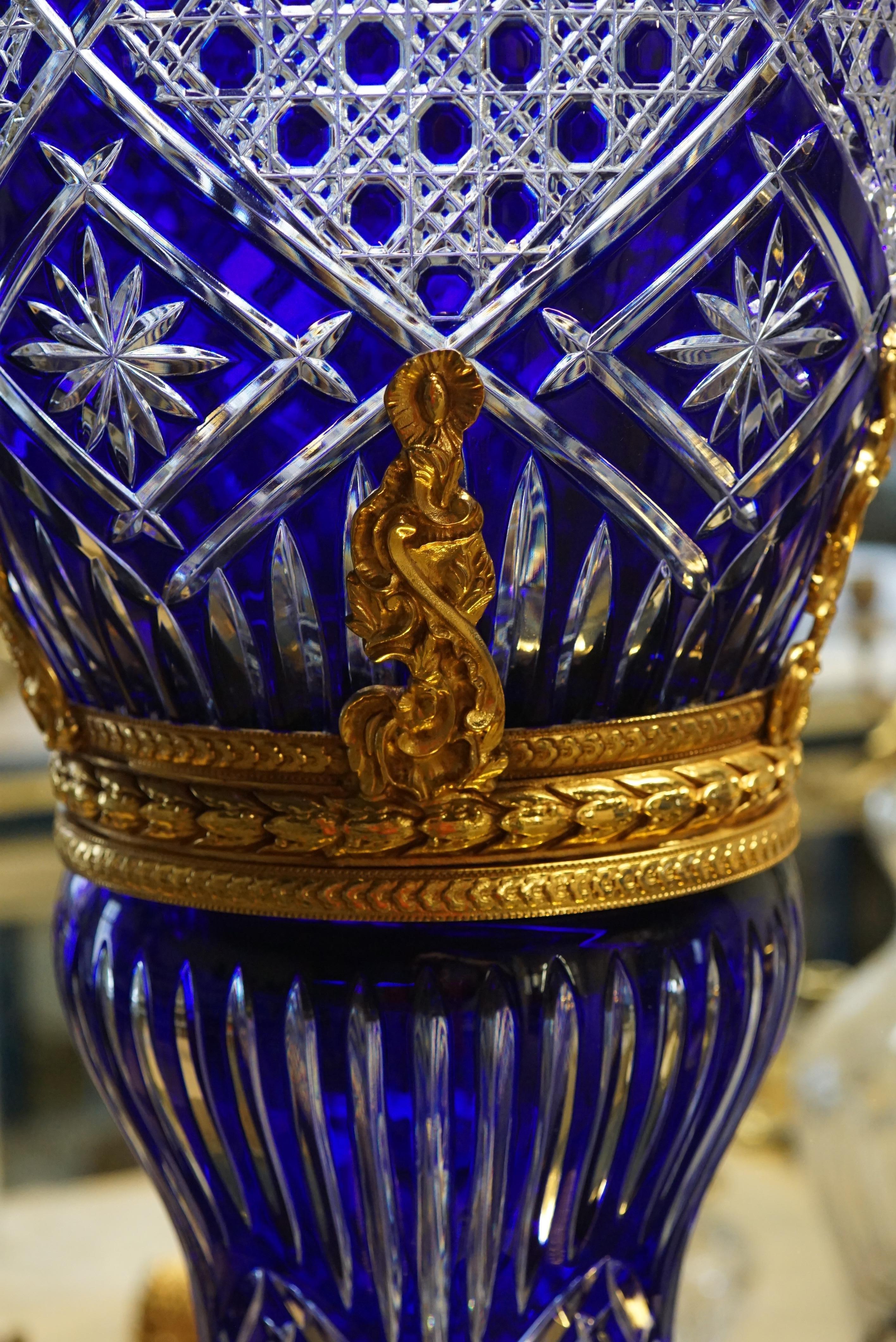 French Dark Blue Crystal Vase with Covered Gold Bronze For Sale