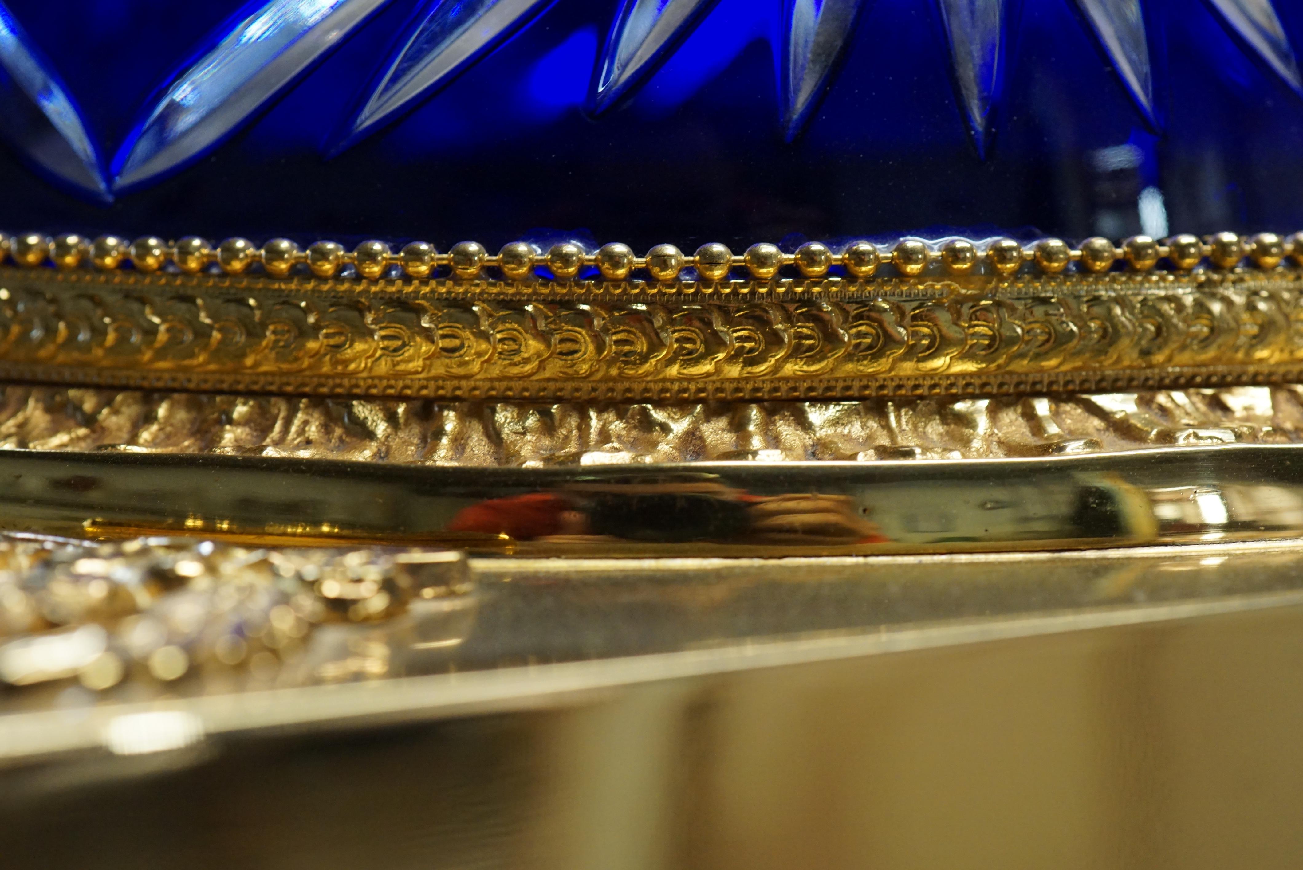 Dark Blue Crystal Vase with Covered Gold Bronze In Good Condition For Sale In Montbronn, FR