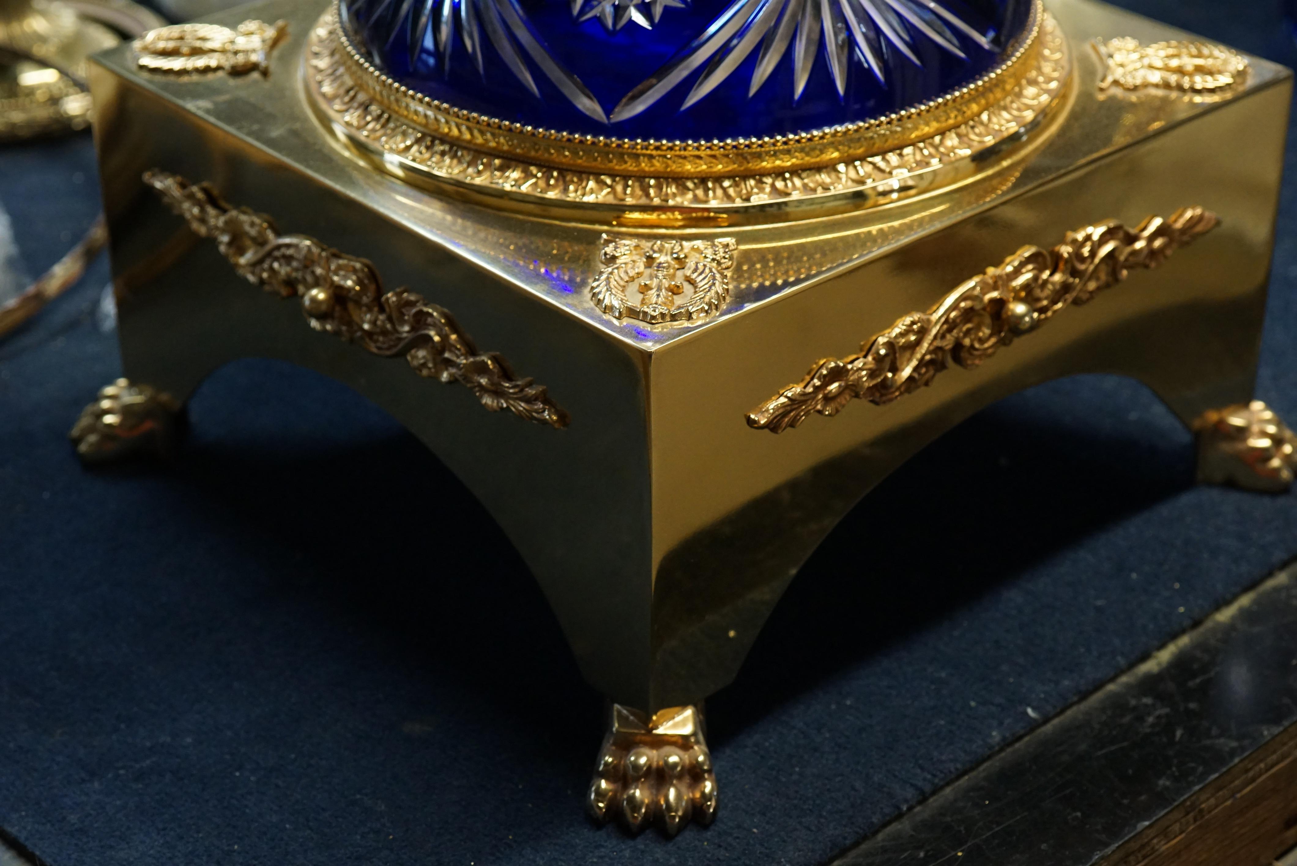 Contemporary Dark Blue Crystal Vase with Covered Gold Bronze For Sale