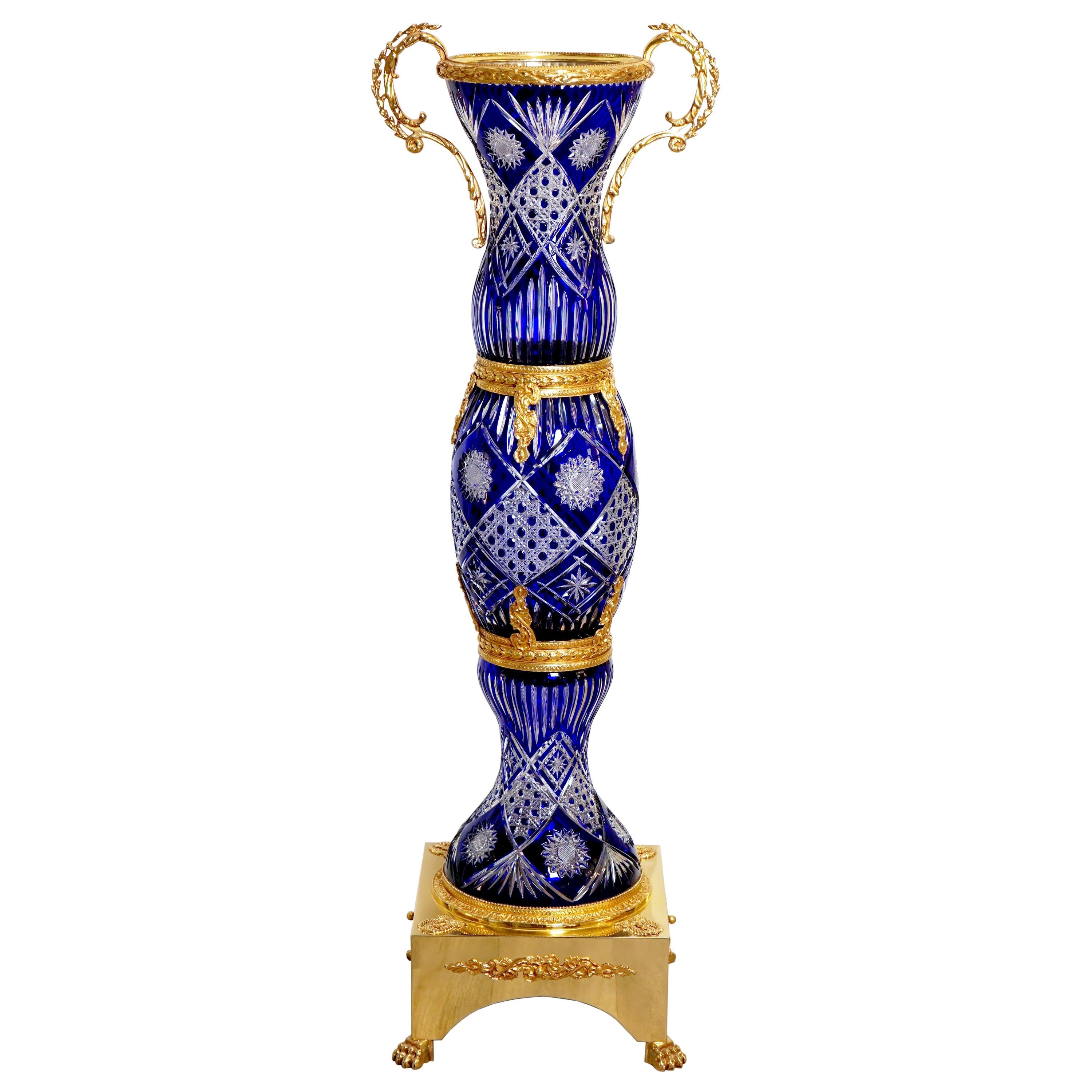 Dark Blue Crystal Vase with Covered Gold Bronze For Sale