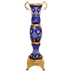 Dark Blue Crystal Vase with Covered Gold Bronze