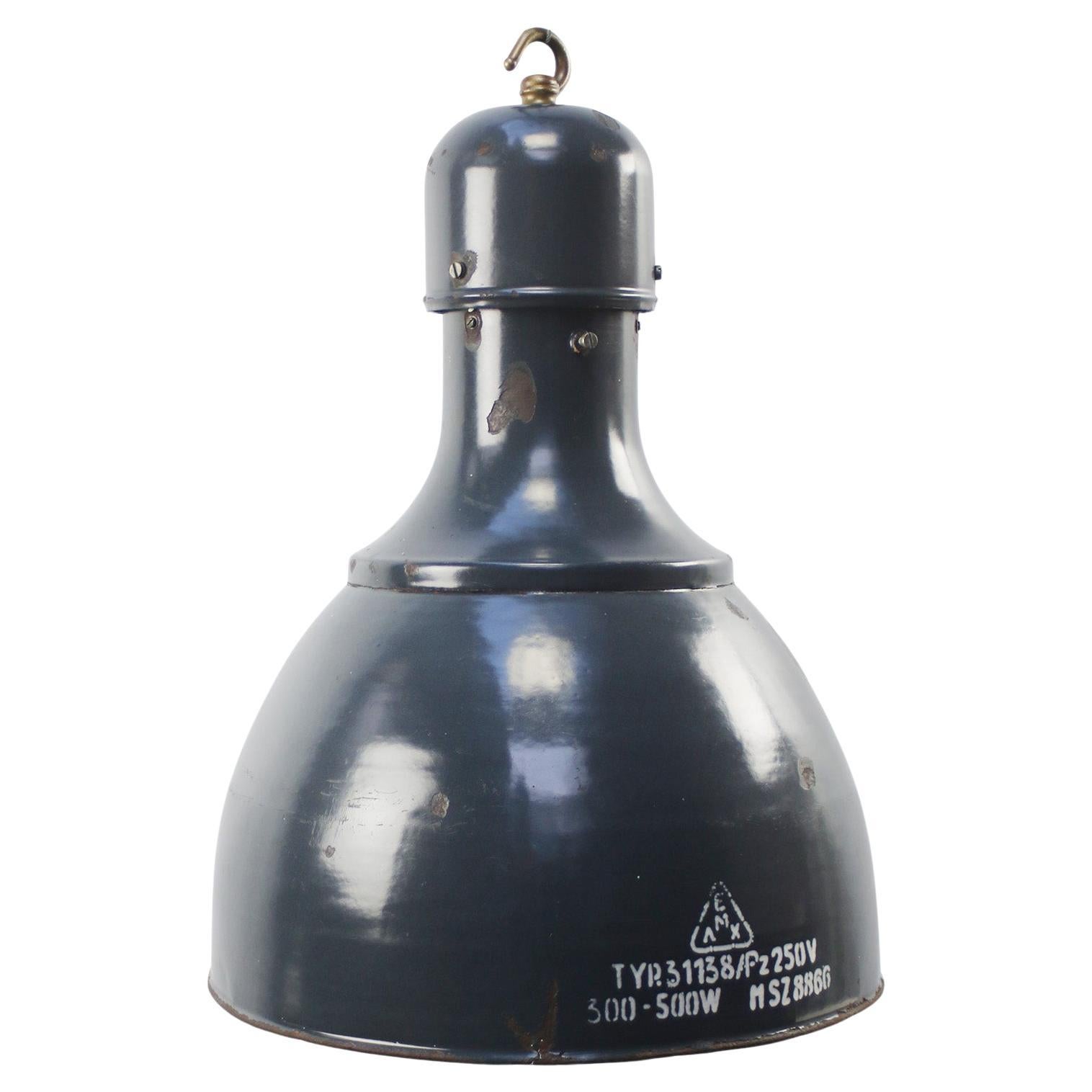 Dark Blue Enamel Vintage Industrial Brass Pendants Lights For Sale