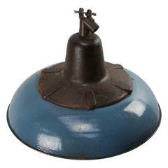 Dark Blue Enamel Vintage Industrial Cast Iron Holophane Glass Pendant Lamp