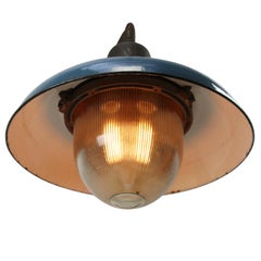 Dark Blue Enamel Vintage Industrial Cast Iron Holophane Glass Pendant Lamp