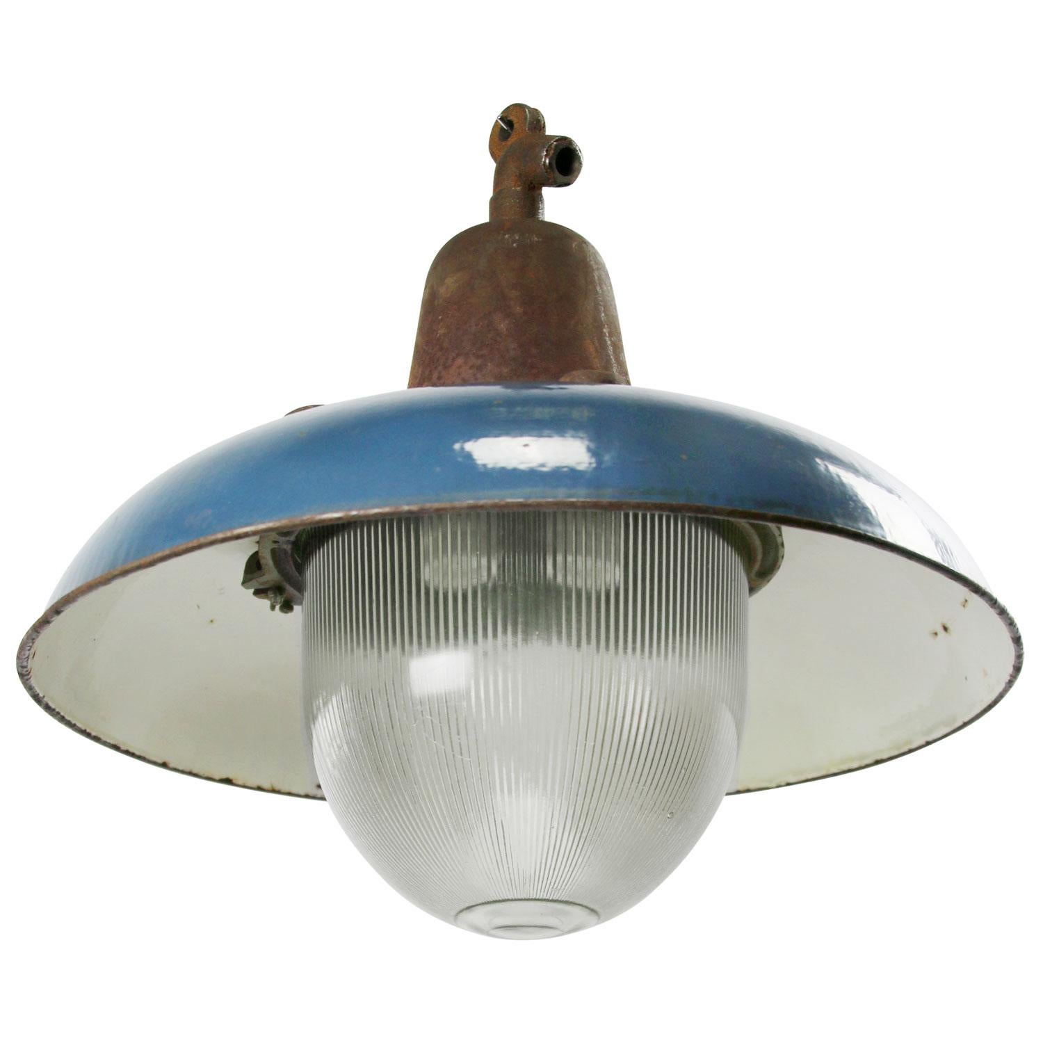 Polish Dark Blue Enamel Vintage Industrial Cast Iron Holophane Glass Pendant Lamp