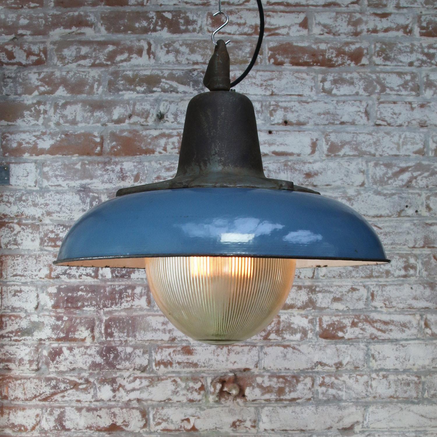 Polish Dark Blue Enamel Vintage Industrial Cast Iron Holophane Glass Pendant Lamp