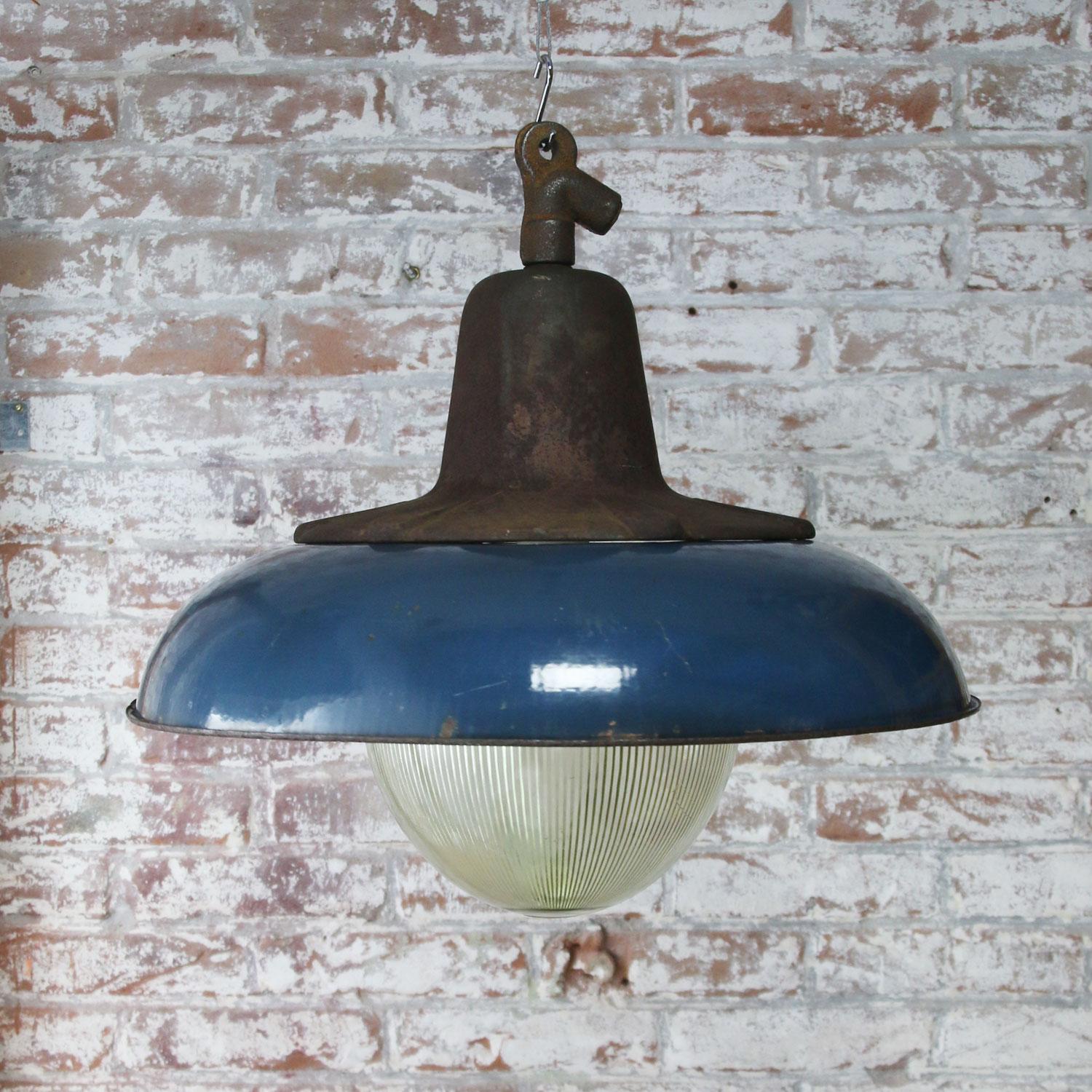 20th Century Dark Blue Enamel Vintage Industrial Cast Iron Holophane Glass Pendant Lamp