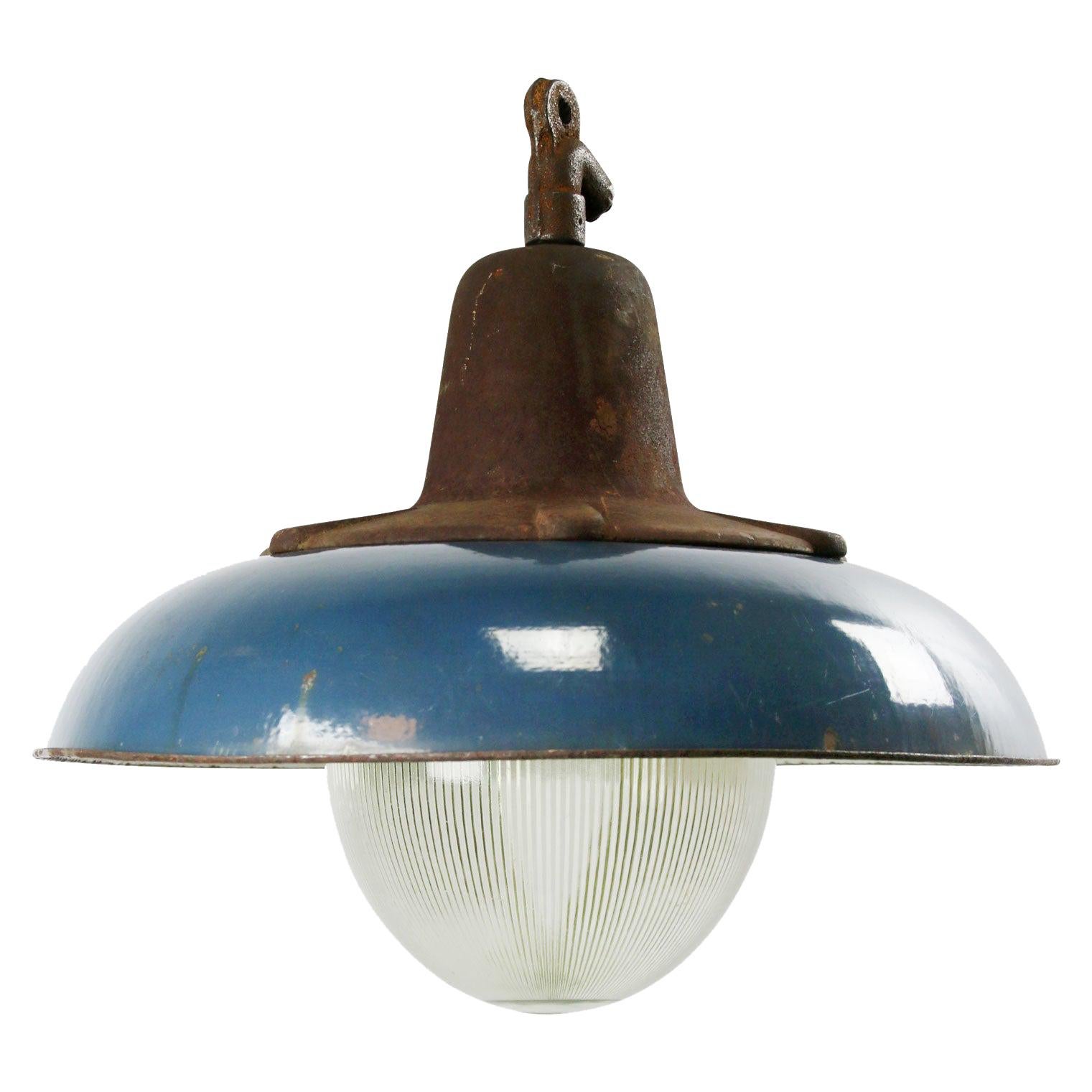 Dark Blue Enamel Vintage Industrial Cast Iron Holophane Glass Pendant Lamp