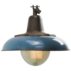 Dark Blue Enamel Vintage Industrial Cast Iron Holophane Glass Pendant Lamp