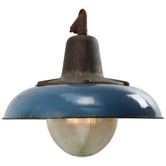 Dark Blue Enamel Vintage Industrial Cast Iron Holophane Glass Pendant Lamp