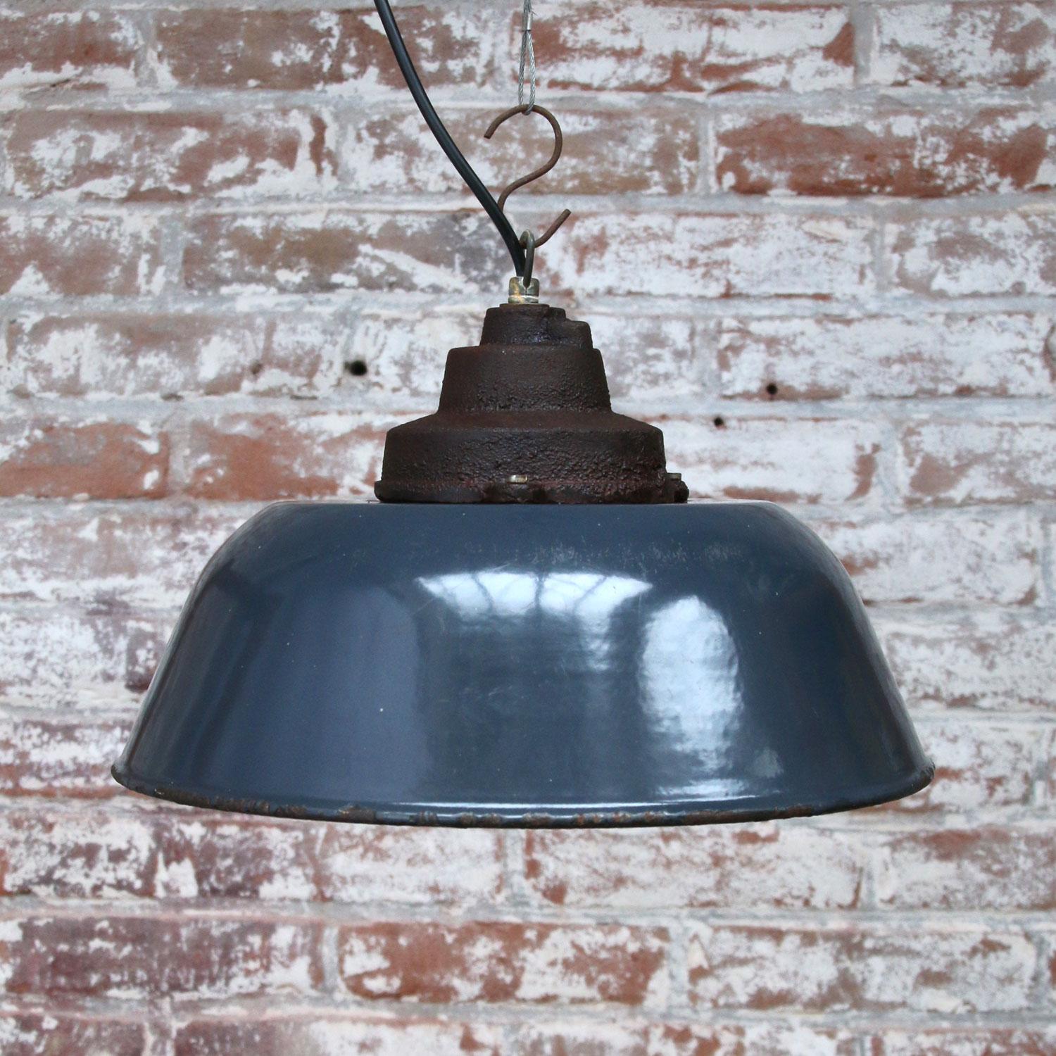 Hungarian Dark Blue Enamel Vintage Industrial Cast Iron Top Factory Pendant Lights