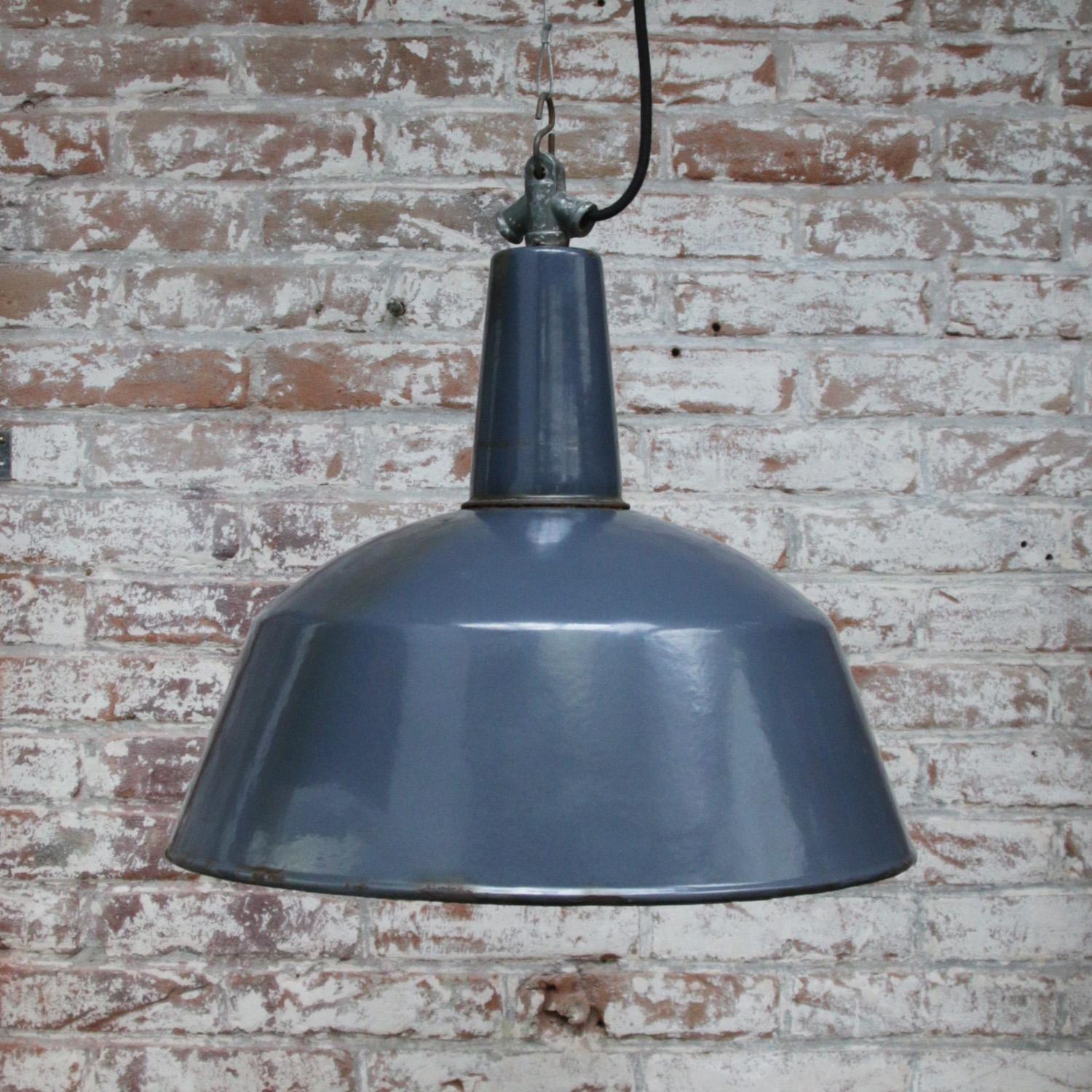 20th Century Dark Blue Enamel Vintage Industrial Factory Pendant Lights
