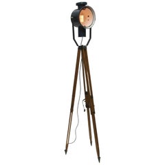 Dark Blue Enamel Vintage Industrial Wooden Tripod Spot Light Floor Lamp