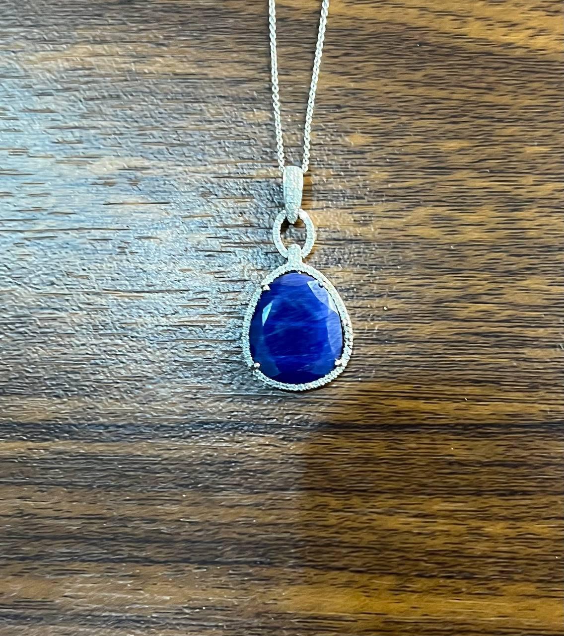 Dark Blue Faceted Sapphire Cabochon 14K White Gold Diamond Halo Pendant Necklace In New Condition For Sale In Oakton, VA
