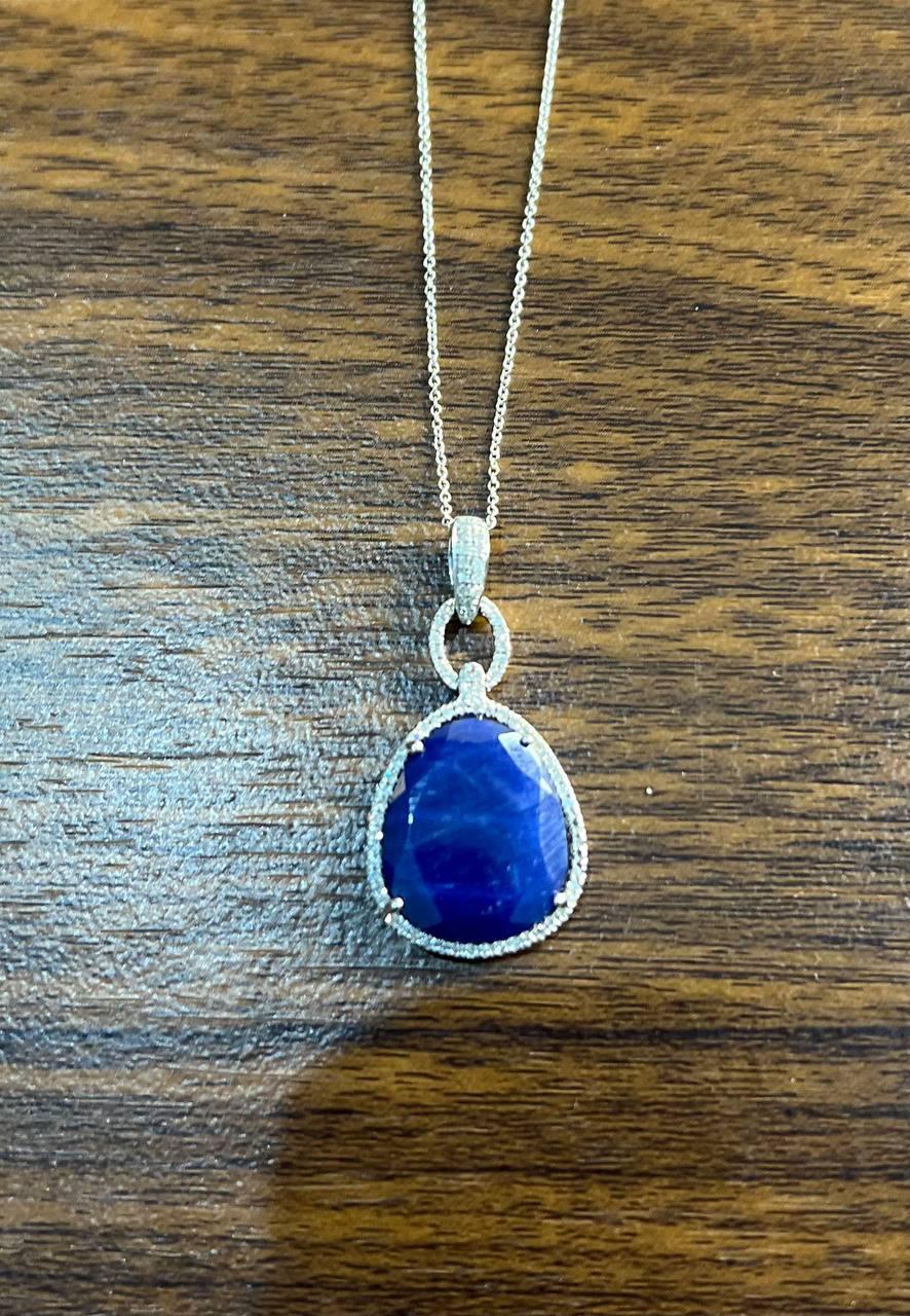 Women's Dark Blue Faceted Sapphire Cabochon 14K White Gold Diamond Halo Pendant Necklace For Sale