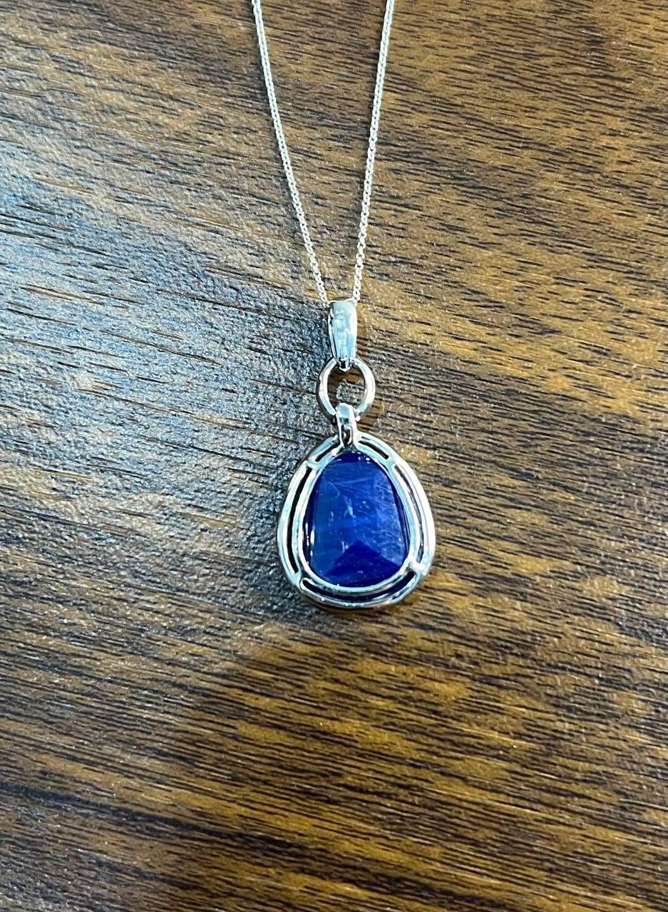 Dark Blue Faceted Sapphire Cabochon 14K White Gold Diamond Halo Pendant Necklace For Sale 1