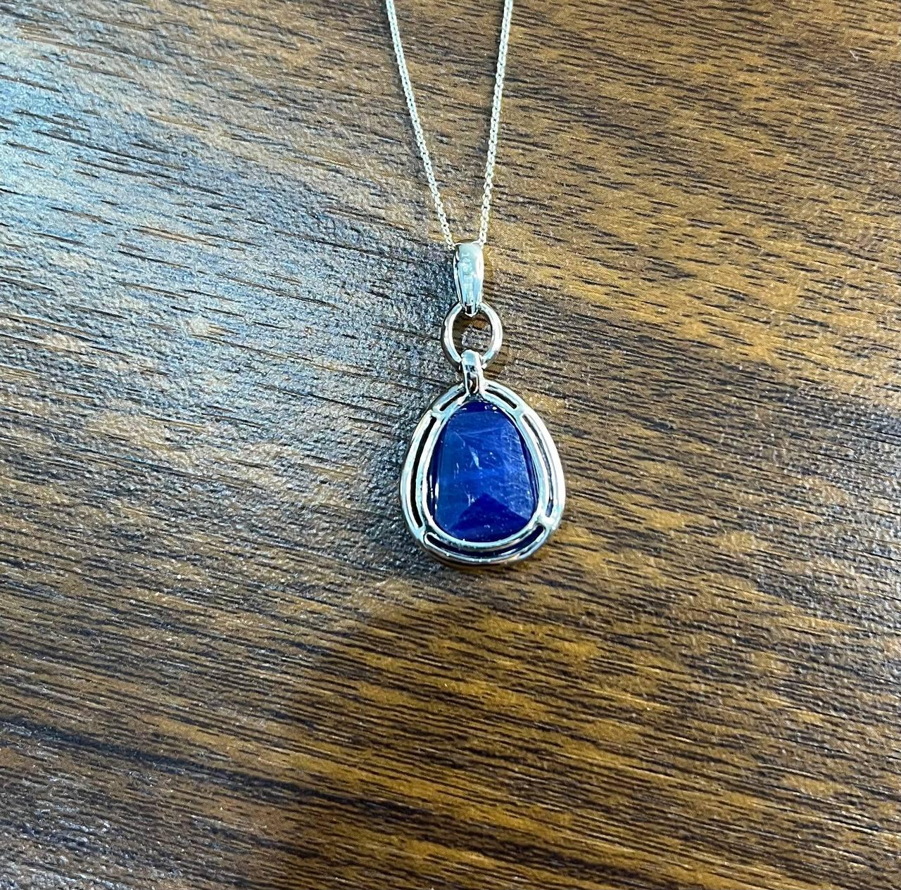 Dark Blue Faceted Sapphire Cabochon 14K White Gold Diamond Halo Pendant Necklace For Sale 2