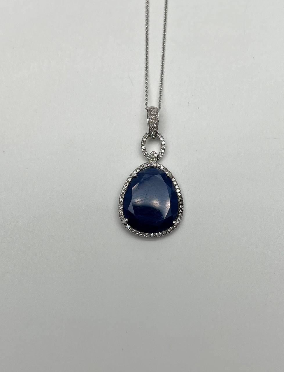 Dark Blue Faceted Sapphire Cabochon 14K White Gold Diamond Halo Pendant Necklace For Sale 3