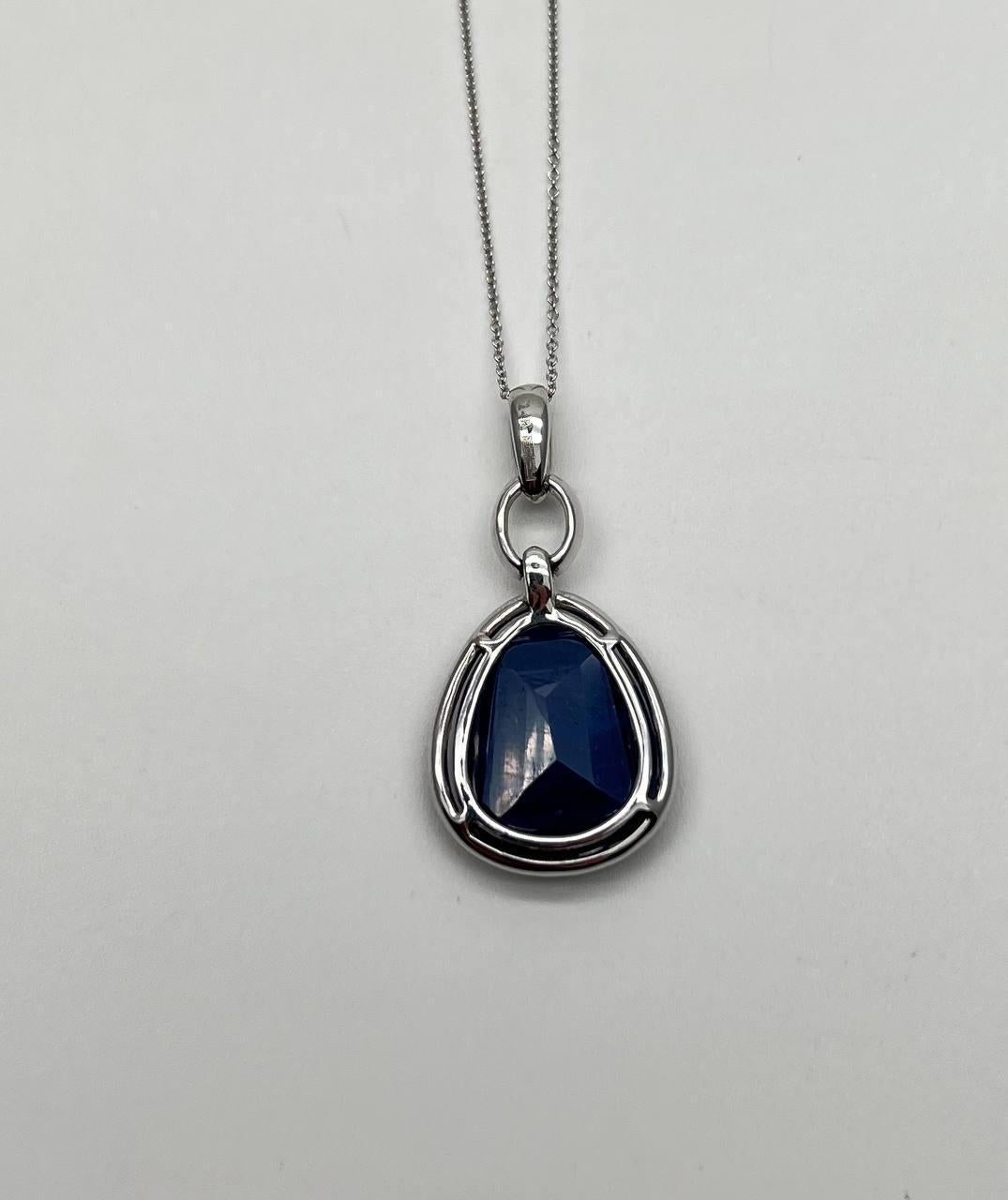 Dark Blue Faceted Sapphire Cabochon 14K White Gold Diamond Halo Pendant Necklace For Sale 4