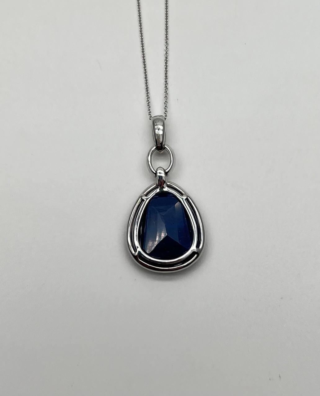 Dark Blue Faceted Sapphire Cabochon 14K White Gold Diamond Halo Pendant Necklace For Sale 5