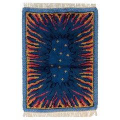 Dark Blue Field Vintage Rya Wool Swedish Rug, 1950-1970