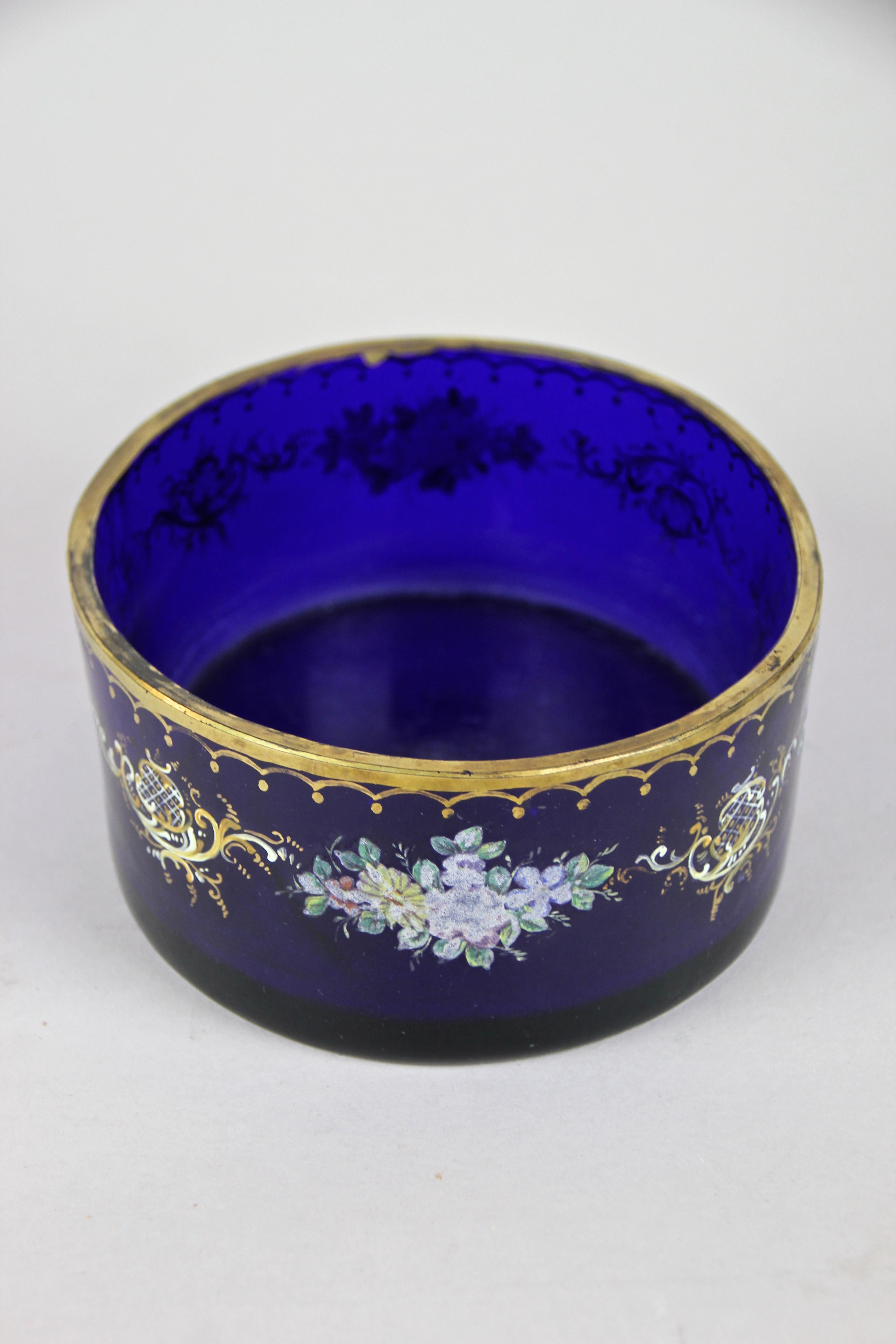 Dark-Blue Glass Bowl Biedermeier Hand Painted, Austria, circa 1840 For Sale 1