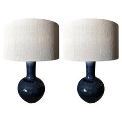 Dark Blue Glazed Pair Table Lamps With Shades, China, Contemporary