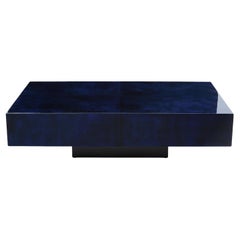 Dark blue goatskin parchment coffee table by Aldo Tura 1960s