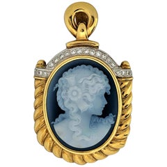 Vintage Dark Blue Hard Stone Cameo Enhancer Pendant in Gold with Diamonds