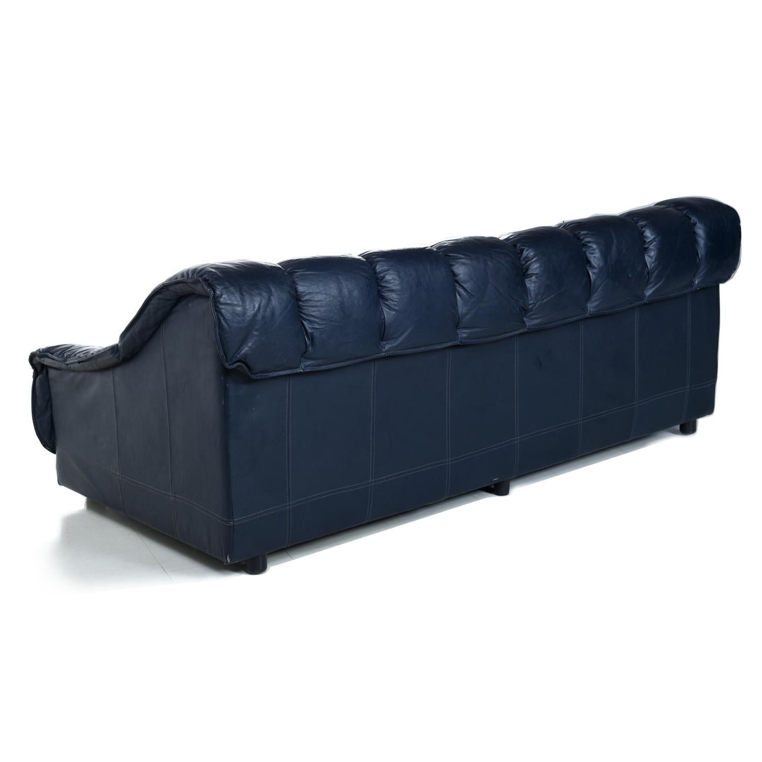 Dark Blue Italian Leather Sofa in the Manner of De Sede In Excellent Condition In Chattanooga, TN