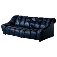 Vintage Dark Blue Italian Leather Sofa in the Manner of De Sede