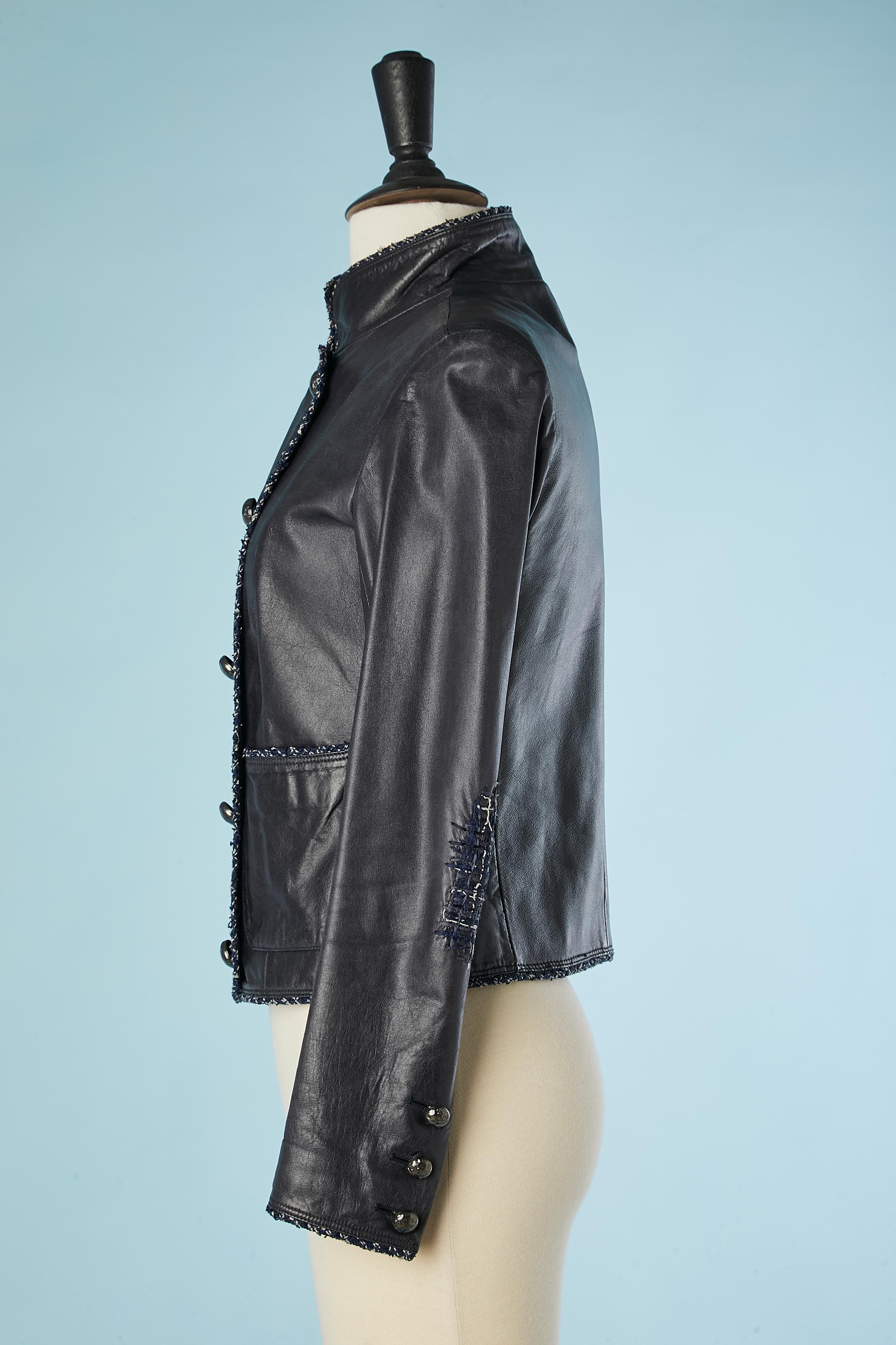 Women's Dark blue leather jacket with tweed details on elbow and piping Chanel  For Sale