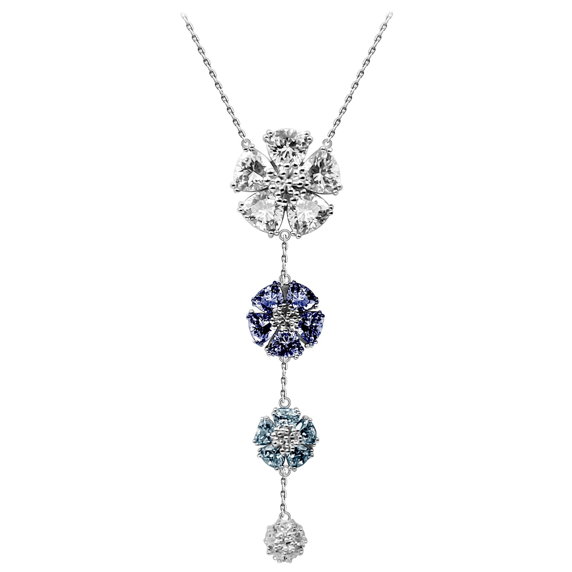 Dark Blue, Light Blue and White Topaz Graduated Blossom Stone Lariat Necklace