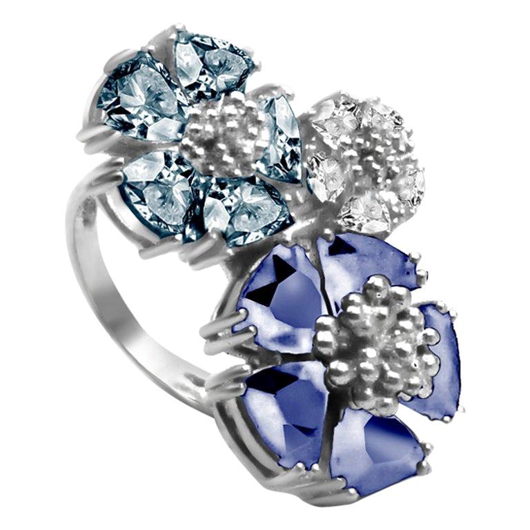 For Sale:  Dark Blue, Light Blue and White Topaz Trifecta Blossom Stone Ring