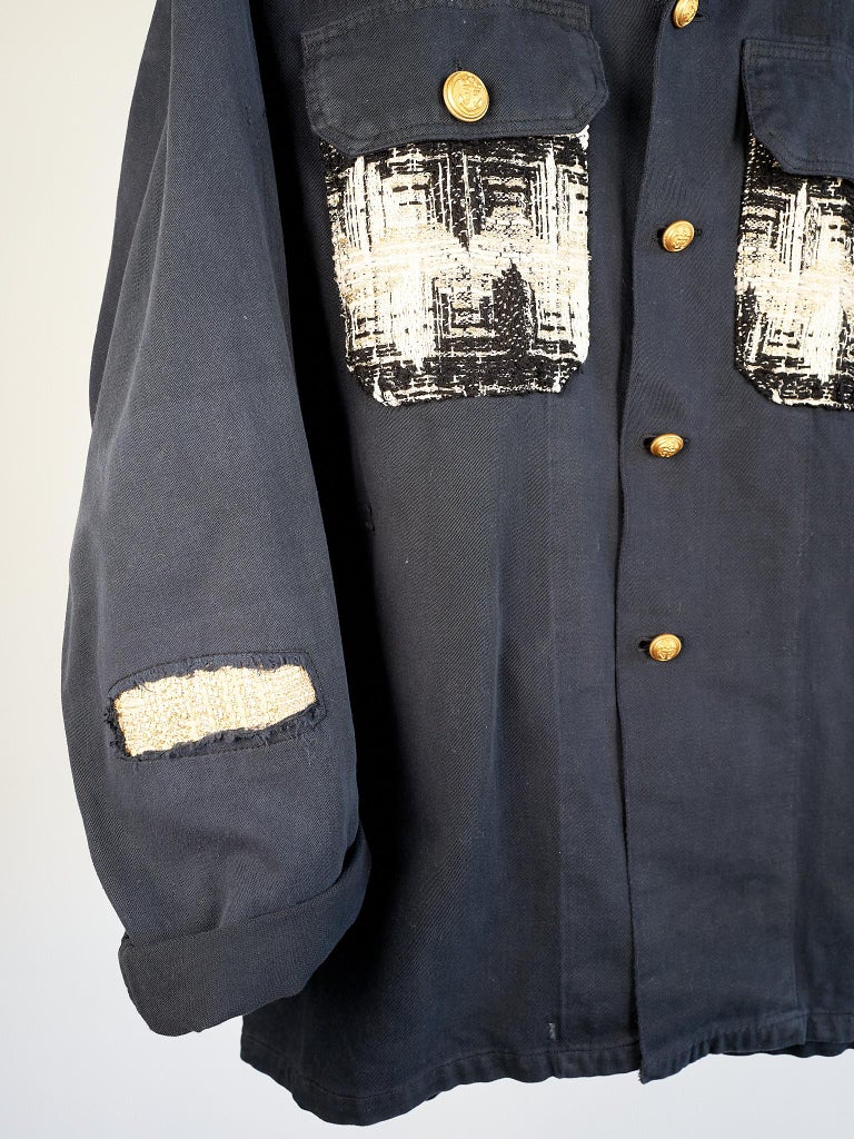 Dark Blue Military Jacket Gold Lurex Tweed Gold Tone Buttons J Dauphin
