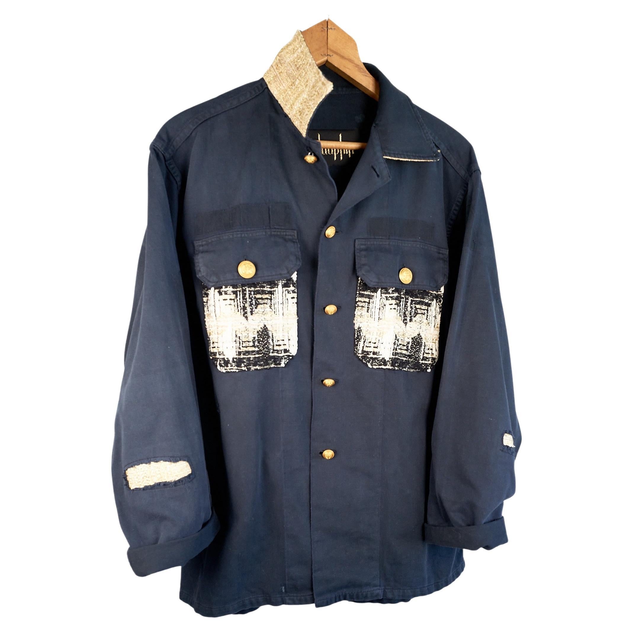 Dark Blue Military Jacket Silver Buttons Tweed Pockets Gold Collar J