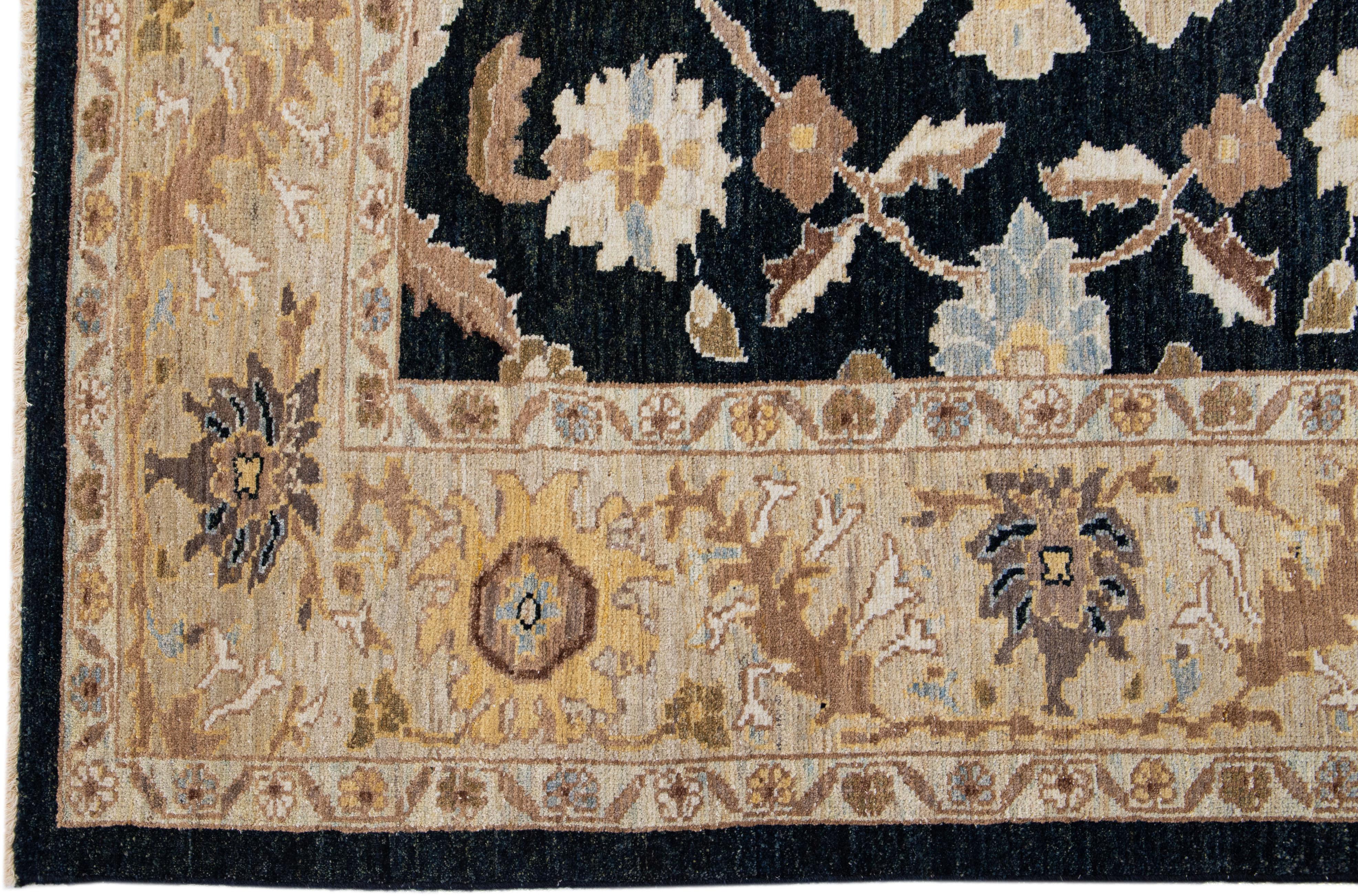 Persian Dark Blue Modern Floral Sultanabad Handmade Wool Rug For Sale