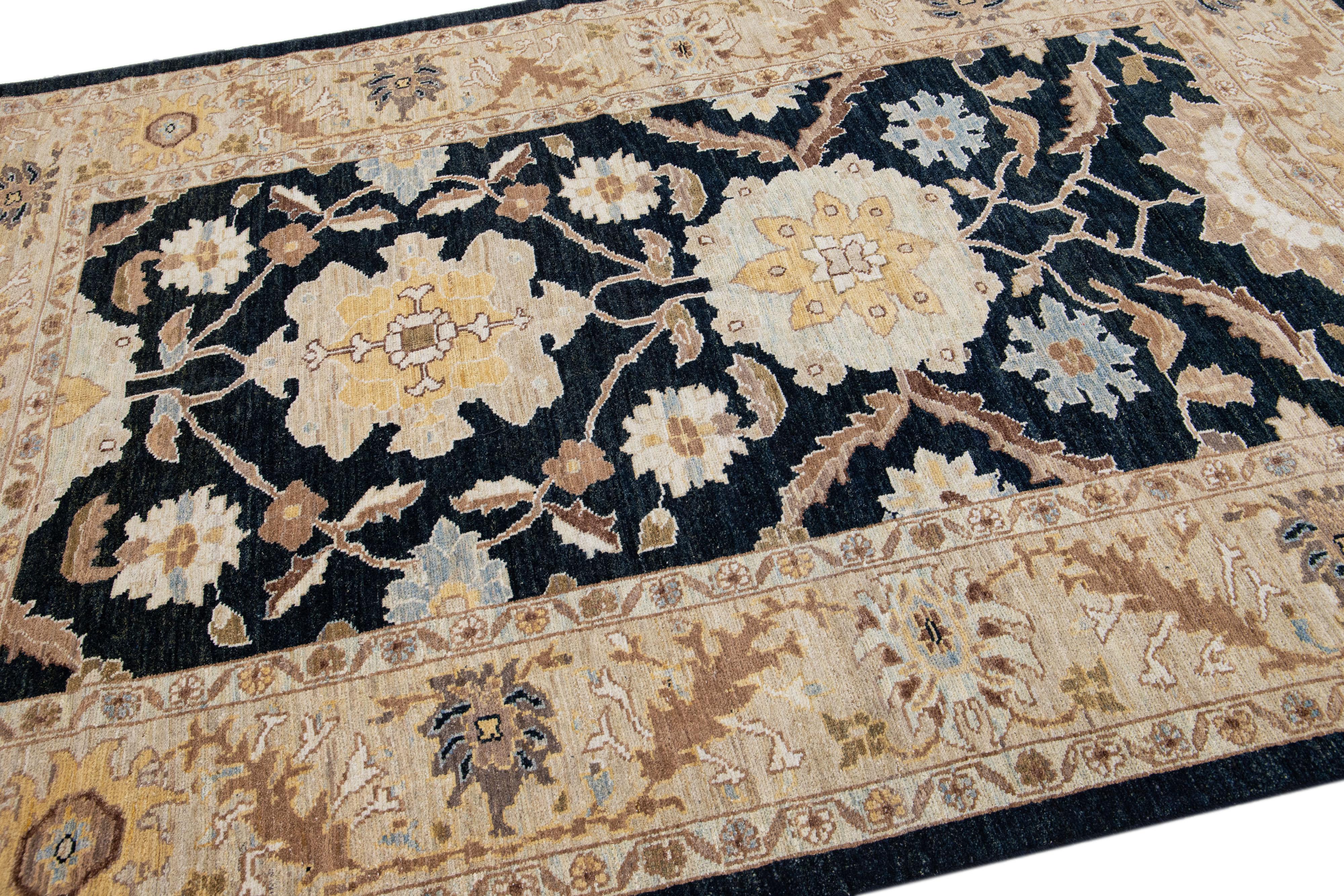 Hand-Knotted Dark Blue Modern Floral Sultanabad Handmade Wool Rug For Sale