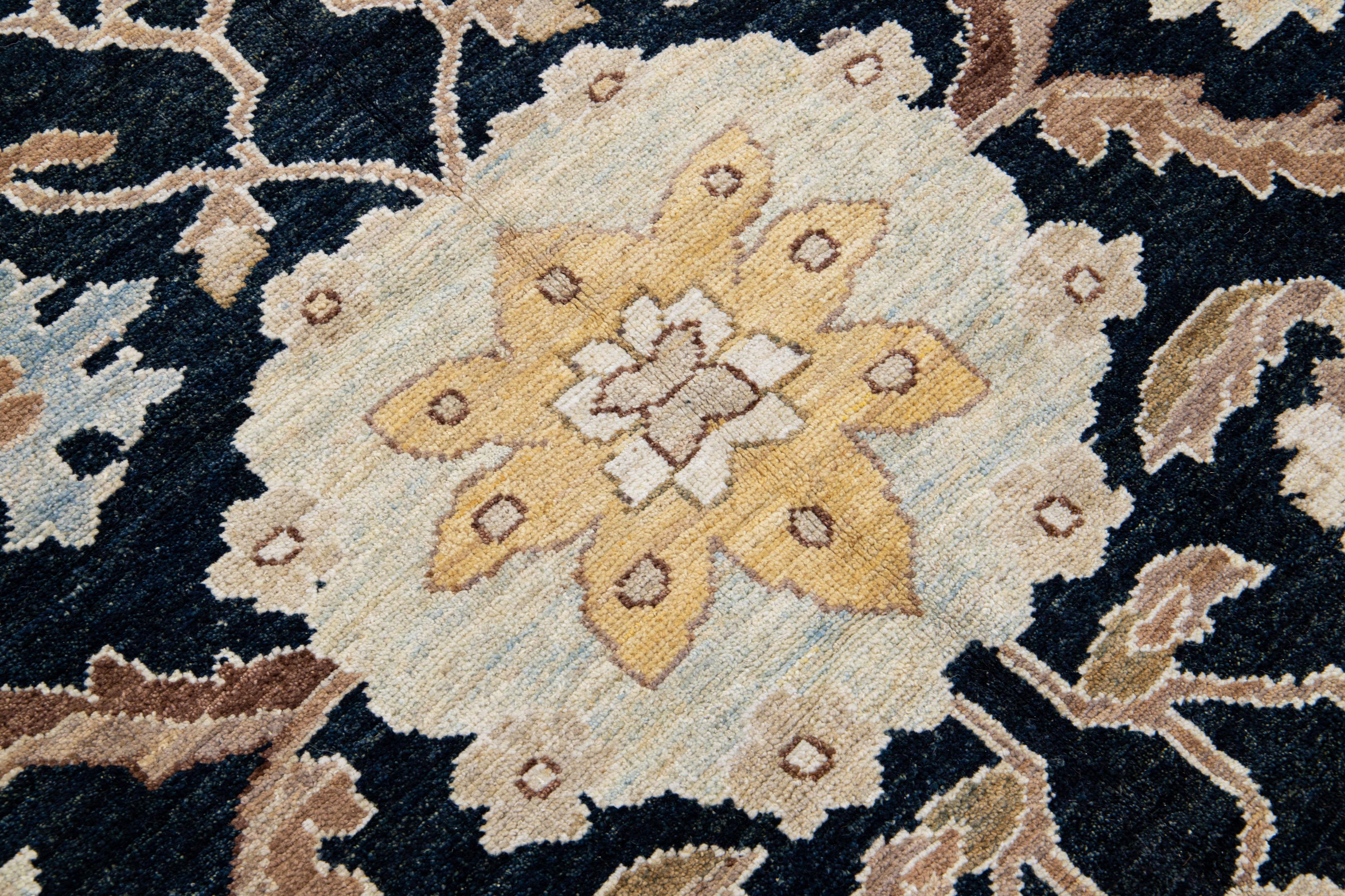 Dark Blue Modern Floral Sultanabad Handmade Wool Rug In New Condition For Sale In Norwalk, CT