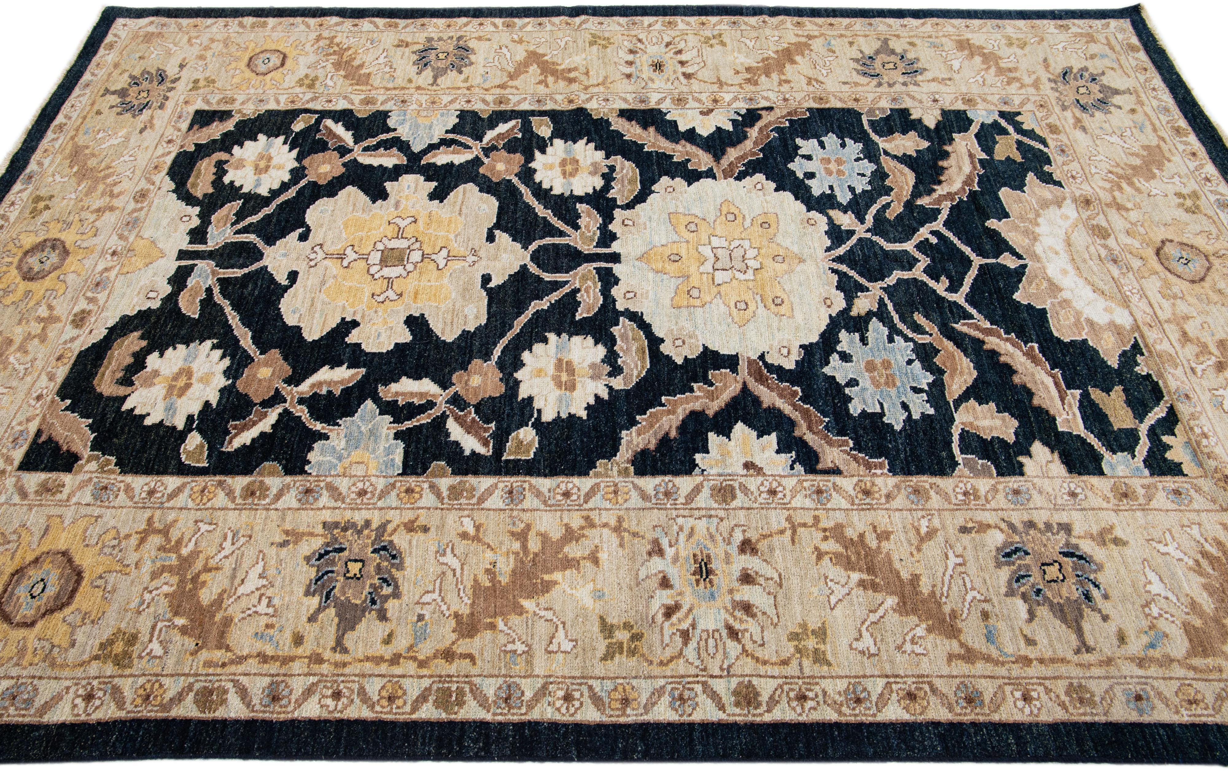 Contemporary Dark Blue Modern Floral Sultanabad Handmade Wool Rug For Sale