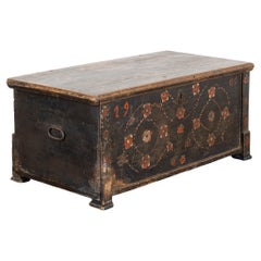 Antique Dark Blue Painted Flat Top Trunk Dated 1900, Hungary