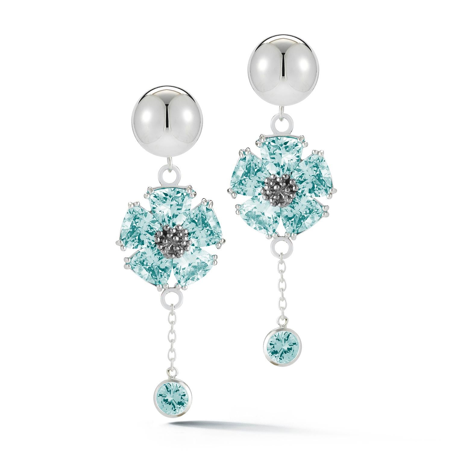 Modern Dark Blue Sapphire Blossom Stone Bezel Drop Earrings For Sale