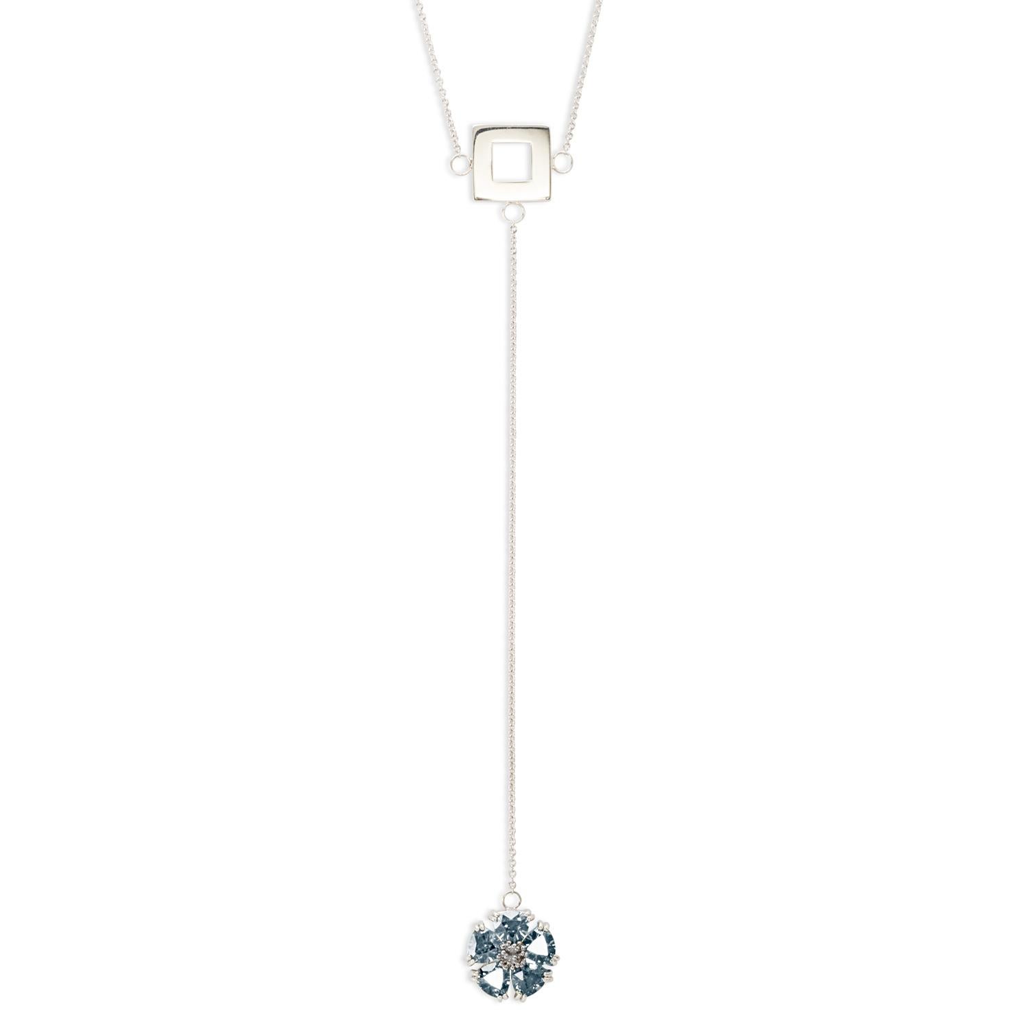 Designed in NYC

.925 Sterling Silver 5 x 7 mm Dark Blue Topaz Blossom Stone and Square Lariat Necklace. No matter the season, allow natural beauty to surround you wherever you go. Blossom stone and square lariat necklace: 

Sterling silver