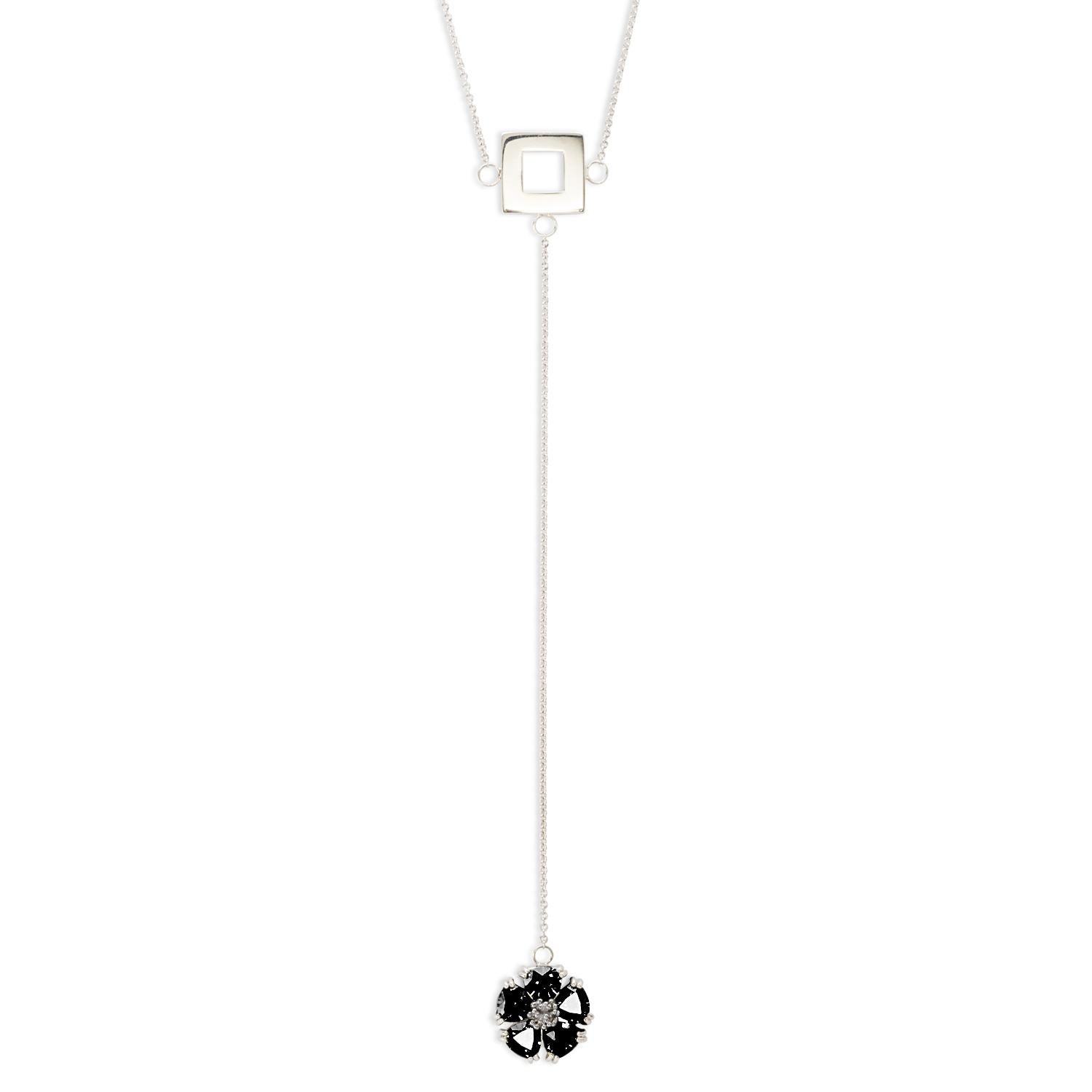 Modern Dark Blue Topaz Blossom Stone and Square Lariat Necklace For Sale