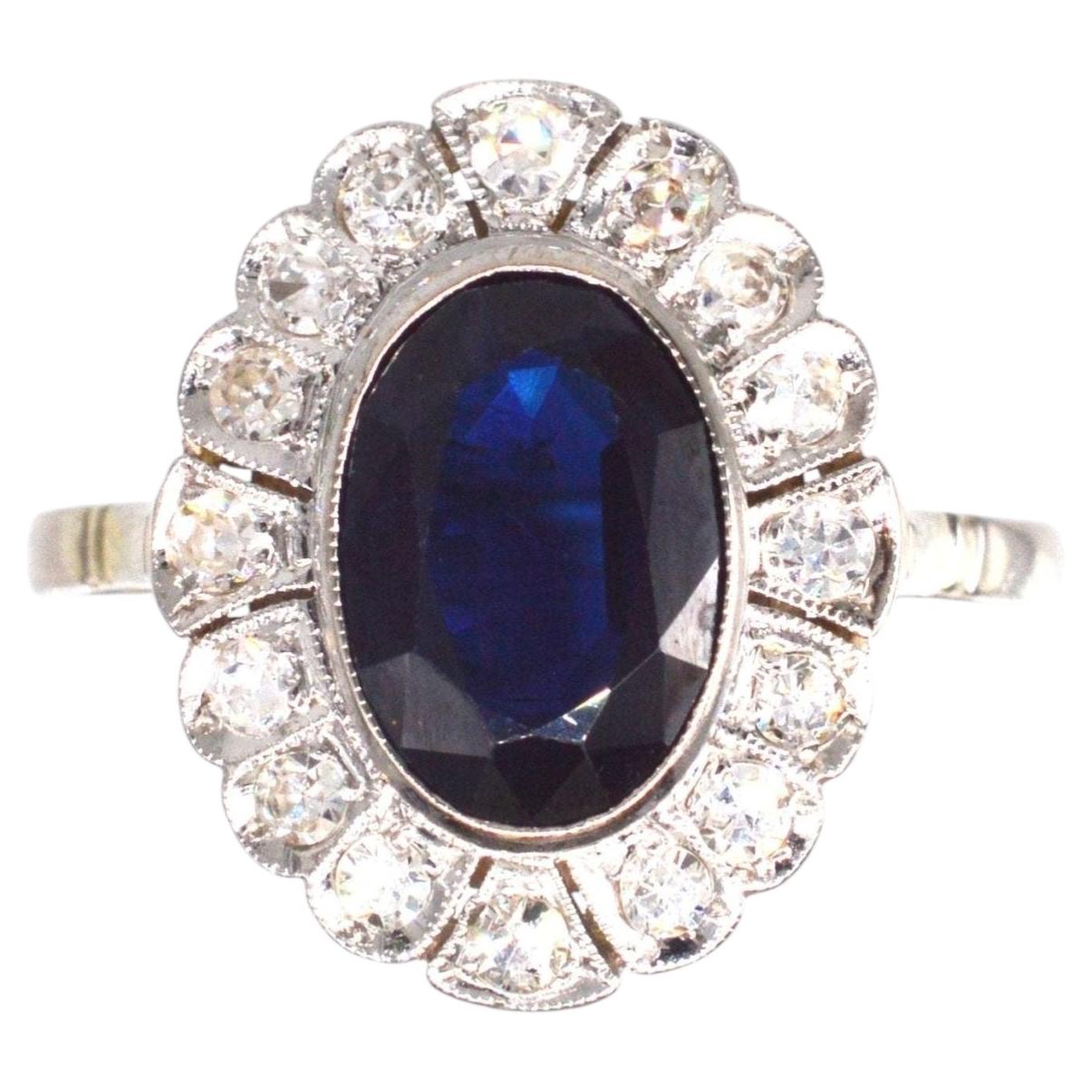 Dark Blue Sapphire & Diamond Cluster Ring, Early 20th Century