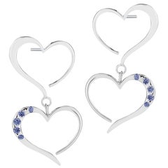 Dark Blue Topaz Double Heart Pave Dangle Earrings
