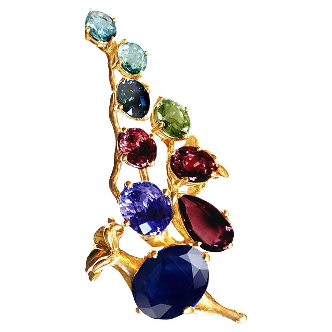 Dark Blue Sapphire Eighteen Karat Yellow Gold Cocktail Cluster Ring For Sale