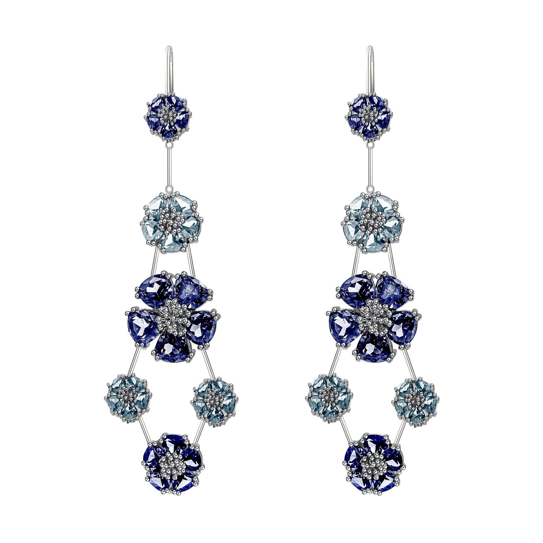 Dark Blue Topaz & Light Blue Topaz Blossom Double-Tier Chandelier Earrings